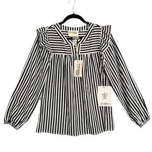 NWT SAVANNA JANE Black White Striped Ruffle Long Sleeve Yoke Top SIZE SMALL
